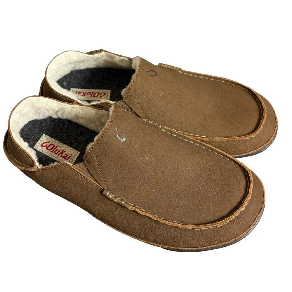 OLUKAI Kipuka Hulu Slippers Toffee Leather Collapsible Heal Men's Size 10